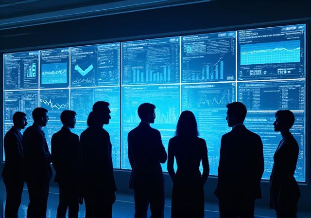 Data analysts reviewing successful performance metrics on a large screen