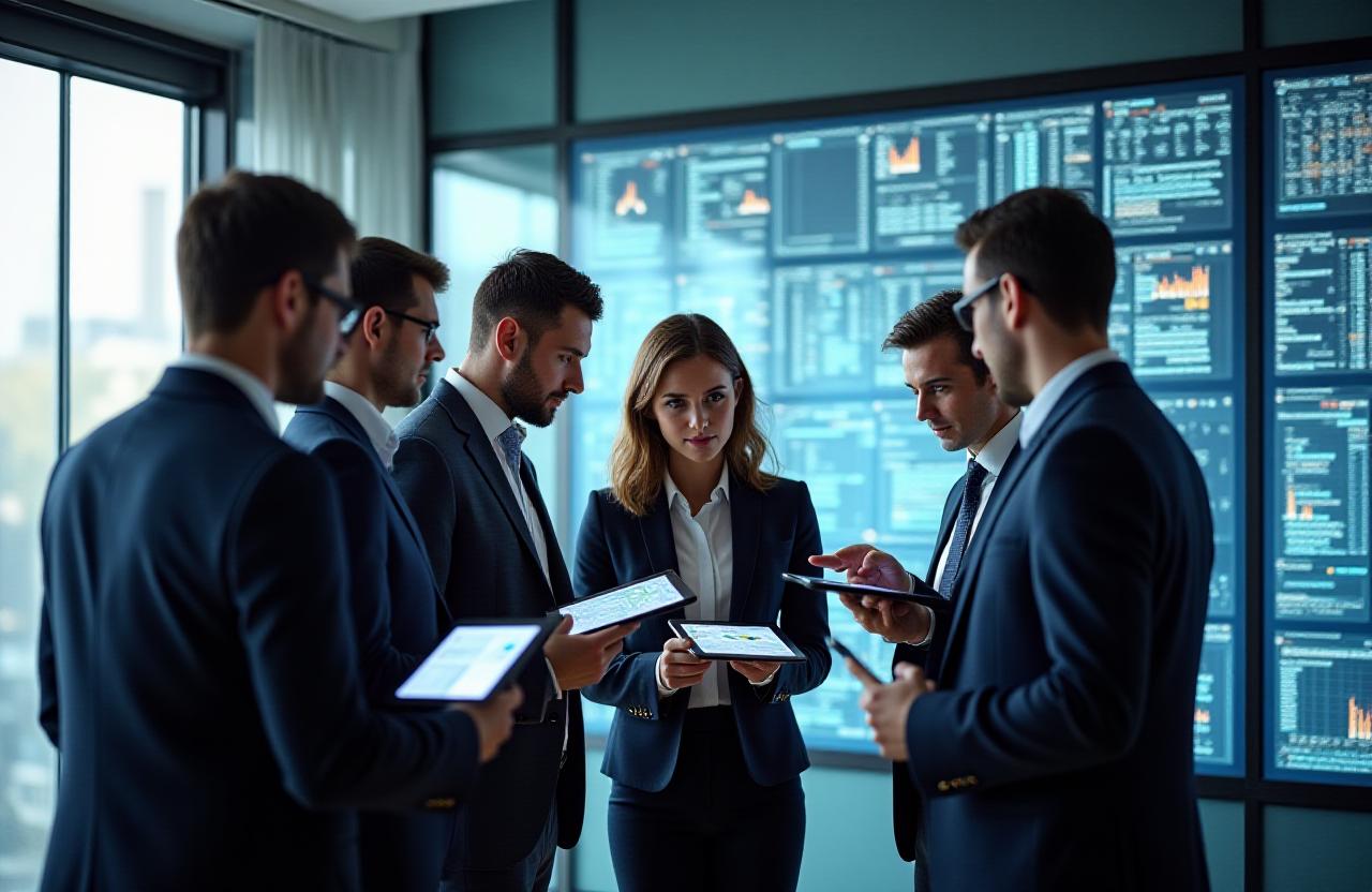 Team of analysts collaborating in a high-tech control room environment
